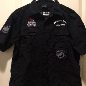 POLYGAMY  motorcycle biker button down embroider patchwork short sleeve size L